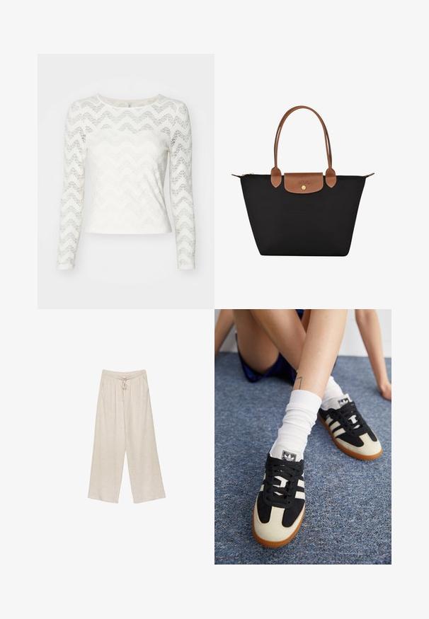 White long-sleeve top featuring a zigzag lace pattern, round neckline, and a fitted silhouette. Smooth texture with slight sheen.; Beige linen wide-leg pants, featuring a drawstring waist, two side pockets, and a slightly textured fabric for breathability and comfort.; Black and white athletic shoes with a suede and leather upper, featuring three white stripes and a gum sole. Pair worn with white socks.; Black nylon tote bag with brown leather accents and handles. Features a snap closure and a front pocket with a logo detail.