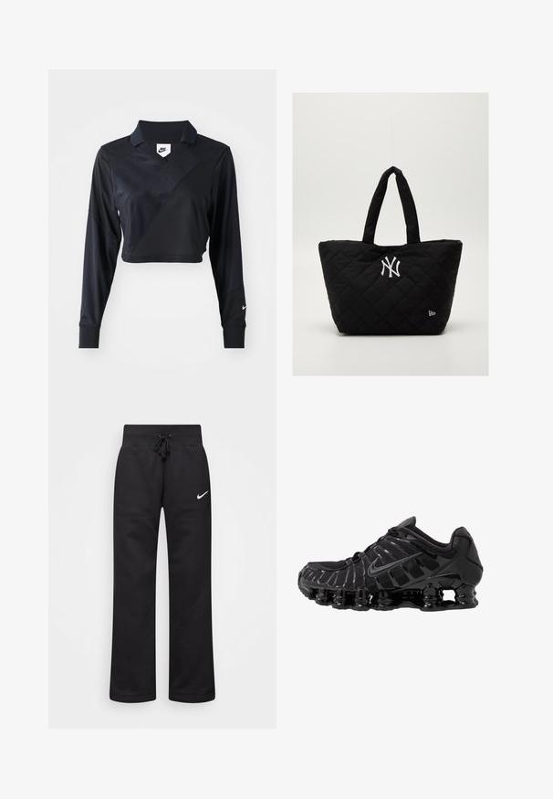 Juodas ilgos rankovės trumpas polo marškinėliai su V formos iškirpte, pasižymintys įstrižine siūlėmis, lygia tekstūra ir Nike logotipu ant rankovės.; Juodos medvilnės blend'o treninginės kelnės su raišteliu juosmens srityje, tiesiomis kojomis ir baltu Nike logotipu kairėje pusėje.; Juodas sportinis batai su tinklinėmis viršutinėmis dalimis ir blizgiomis detalėmis. Yra kreivai suformuota spyruoklinė amortizacija ir tekstūruoti brūkšniai šone. Matomas Nike logotipas.; Juodai siūtas quilted rankinė su dvigubomis rankenėlėmis, su baltu Niujorko "Yankees" logotipu ir mažyčiu prekės ženklo emblemu šone.