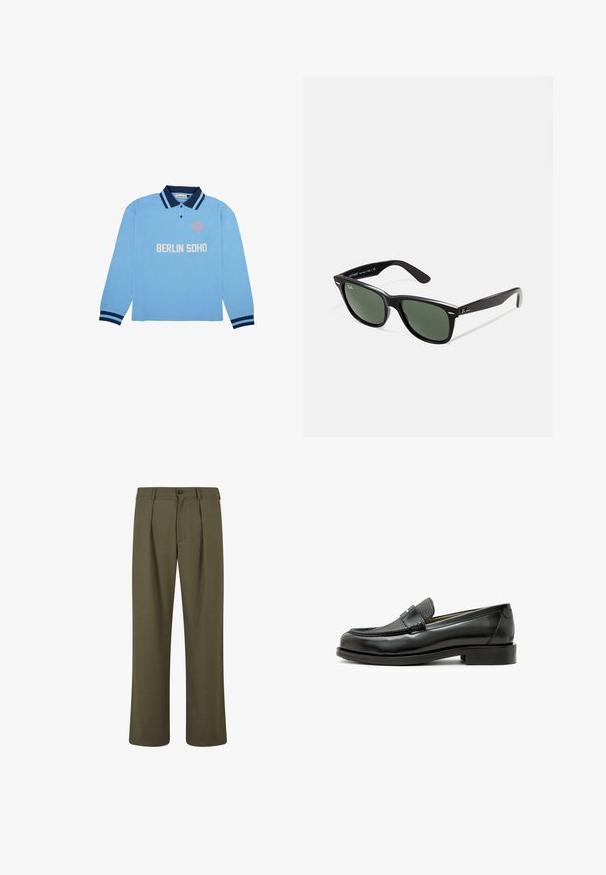 Himmelblaues Langarm-Polohemd mit dunkelblauem Kragen und Bündchen, verfügt über weißen Text "BERLIN SOHO" und ein rundes Logo auf der linken Brust.; Olivgrüne Hosen mit taillierter Passform, mit Falten an der Vorderseite, Knopfverschluss und geraden Beinen. Glatte Stofftextur.; Schwarzer Lederloafer mit strukturiertem schwarzen Lederakzent, abgerundeter Zehenform und niedrigem Blockabsatz; verfügt über ein dekoratives metallisches Detail.; Schwarze Plastiksonnenbrille mit grünen Gläsern, quadratischen Rahmen, silbernem Akzent auf der Augenbraue und strukturierten Bügeln. Angegebene Marke auf dem inneren Bügel.