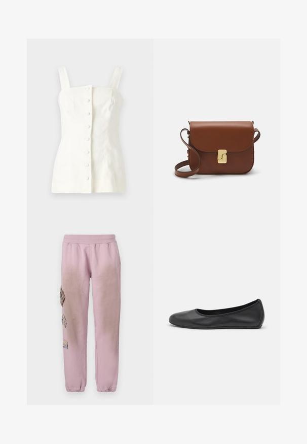 White linen sleeveless top featuring a fitted silhouette, front button closure with five buttons, and straight straps.; Pink sweatpants with an elastic waistband, featuring decorative patches in diamond shapes on the left side and elastic cuffs at the ankles.; Black leather ballet flat with a rounded toe, smooth texture, minimal stitching detail, and a flexible sole design.; Brown leather handbag with a flap closure, gold-tone hardware, a shoulder strap, and a smooth texture. Compact rectangular shape.