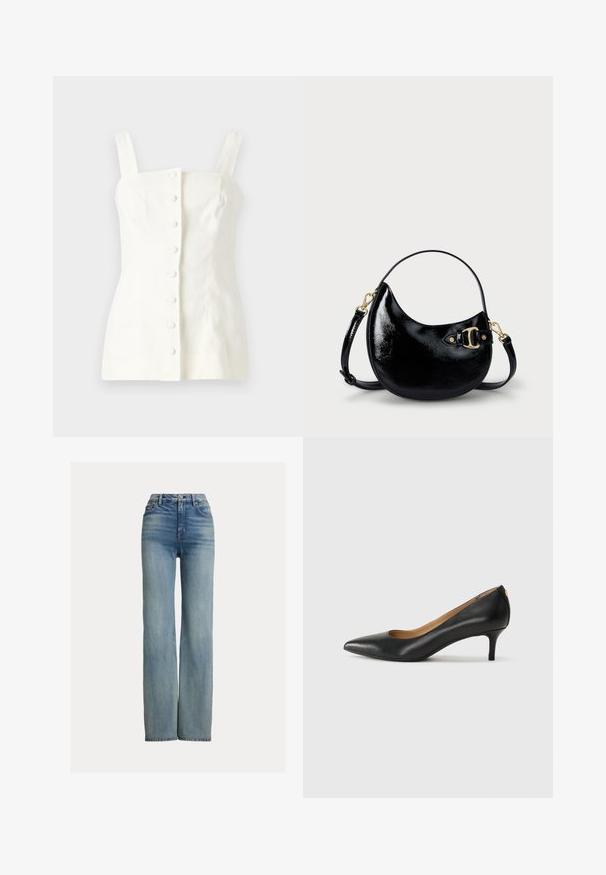 Balta lina bez piedurknēm topa forma ar pieguļošu siluetu, priekšpuses pogu aizdare ar piecām pogām un taisnām siksnām.; Augstās vidukļa taisnās kājas zilos džinsos ar priekšējām kabatām, jostu cilpiņām un pogu aizdari, ar maigi izbalējušu detaļām.; Melnas ādas augstpapēžu kurpes ar pīlādžu purngalu, zemu papēdi un gludu virsmu. Raksturīga neliela atvere priekšā un minimāls aprīkojums aizmugurē.; Melnas patenta ādas rokassomas ar izliekta formu, regulējamu siksnu un zelta krāsā metāla detaļām sānos. Gluda, mirdzoša tekstūra.