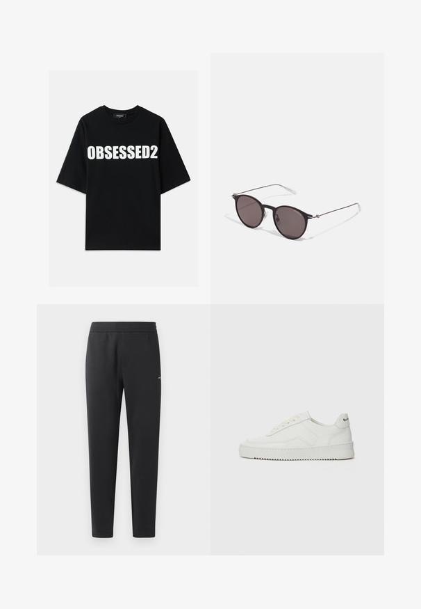 T-shirt preta de algodão com grande texto branco "OBSESSED2" na frente, decote redondo e mangas curtas. Ajuste padrão com textura suave.; Calças de treino pretas feitas de tecido suave, com um cós elástico, pernas retas e um pequeno detalhe de logotipo de um lado.; Sapatilha de couro branco com acabamento suave, bico redondo, atacadores planos e uma sola texturizada. Apresenta um logotipo discreto no calcanhar.; Óculos de sol redondos pretos com lentes escuras e hastes metálicas finas. Inclui pontas de templo transparentes e detalhes em prata na dobradiça. Design minimalista.