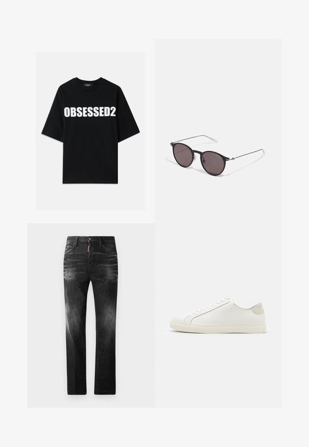 Fekete pamut póló, elöl nagy fehér "OBSESSED2" felirattal, kerek nyakkivágással és rövid ujjakkal. Normál fit, sima tapintású.; Fekete farmernadrág egyenes szabással. Fakadó területek, kisebb kopások, klasszikus öt zsebes kialakítás és gombos zárás jellemzi.; Fehér bőr sneaker sima felülettel, kerek orral és minimalista dizájnnal. Bézs kiemelésekkel a sarokon és gumitalppal rendelkezik.; Fekete kerek napszemüveg sötét lencsékkel és karcsú fém szárakkal. Átlátszó szárvégeket és ezüst részleteket tartalmaz az ívnél. Minimalista dizájn.