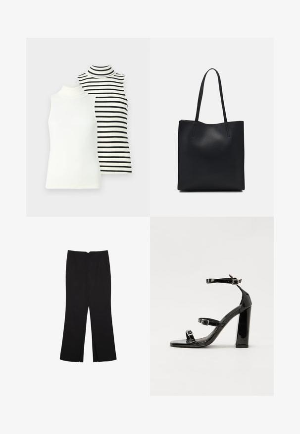 Zwei ärmellose Rollkragenpullover: einer einfarbig weiß, der andere weiß mit schwarzen horizontalen Streifen. Beide sind gerippt und figurbetont.; Schwarze Hose mit geradem Schnitt, ausgestattet mit Fronttaschen und Seitenschlitzen am Saum. Hergestellt aus weichem, glattem Stoff. Geeignet für verschiedene Anlässe.; Schwarze patentierte Sandalen mit Absatz, quadratischer Spitze, Knöchelriemen und silbernen Schnallen. Mit einem stabilen Blockabsatz für mehr Stabilität.; Schwarze Laptoptasche aus Leder mit glatter Textur, rechteckiger Form und zwei langen Griffen. Keine sichtbaren Beschläge oder Verzierungen.