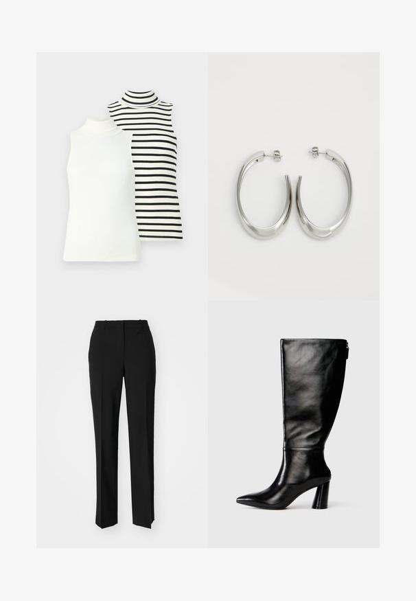 Due maglie a collo alto senza maniche: una bianca unita e una bianca con strisce orizzontali nere. Entrambe sono a costine e aderenti.; Pantaloni neri su misura con un design a gamba dritta, caratterizzati da una texture liscia e pieghe ben definite sul davanti. Senza hardware visibile.; Stivale in pelle nera, alto fino al ginocchio, con punta affusolata, superficie liscia e tacco spesso. Presenta un dettaglio con zip sul retro.; Orecchini a cerchio argentati con un design liscio e curvo. Presentano una finitura metallica lucida e una chiusura a perno. Nessun motivo o accentuazione visibile.