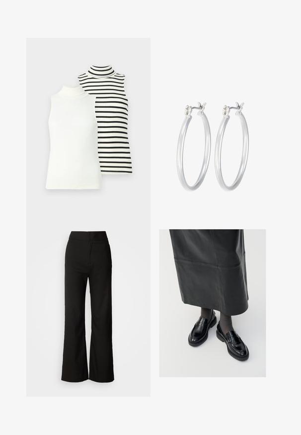 Dve bezrukávové roláky: jedna jednofarebná biela, druhá biela s čiernymi horizontálnymi pruhmi. Obe sú rebrované a priliehavé.; Čierne široké nohavice s hladkou textúrou, vysokým pásom a jednoduchým dizajnom. Žiadne viditeľné vrecká ani ozdoby.; Čierne kožené poltopánky s hladkým povrchom, s dekoratívnym pásikom, okrúhlou špičkou a textúrovanou podrážkou. Nosené s dlhou čiernou koženou sukňou.; Strieborné kruhové náušnice s hladkým, lesklým povrchom. Kolový tvar a bezpečné klikanie na uzatváranie. Ľahký dizajn vhodný na každodenné nosenie.