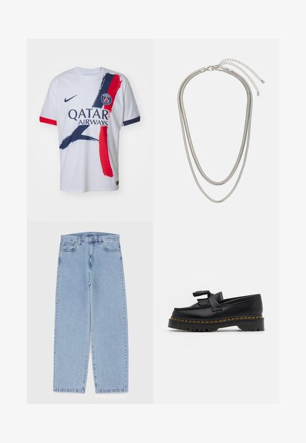 Bela nogometna majica Nike z rdečimi in mornarsko modrimi črtami, logotipom Qatar Airways ter emblemom Pariza na levi strani prsnega dela. Kratki rokavi.; Svijetloplave traperice s ravnim nogavicama, srednjeg struka, pet džepova te zatvaranjem na gumb i munju.; Črne usnjene loafersice s kaširanim naglasom, z debelim črnim podplatom in rumenim šivom ob robu. Teksturirana površina.; Tri-slojni srebrni kovinski ogrlica z elegantnimi, fleksibilnimi verigami z rahlim leskom, varovana z zaponko s katero se zaključi in nastavljivo verigo.