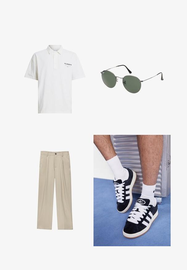 Hvid polo skjorte lavet af bomuld med korte ærmer, en knaplukket krave, og et sort logo på venstre side. Glat tekstur, klassisk pasform.; Beige bukser med lige snit, der har en enkelt sort knap, bæltestropper og sidelommer. Glat stoftekstur og minimalistisk design.; Sorte ruskinds sneakers med hvide snørebånd og tre hvide striber. Har et rundt sort logo på tungen og en gummigummisål.; Metalrammede solbriller med ovale grønne linser. Tynd sølvmetalramme og sorte ørepropper. Minimalistisk design, ingen synlige logoer.