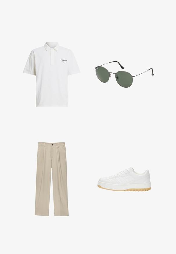 Fehér pólóing, amely 100% pamutból készült, rövid ujjal, gombos gallérral és fekete logóval a bal oldalon. Simára varrt szerkezet, klasszikus szabás.; Beige egyenes szárú nadrág, egy fekete gombbal, övhurkokkal és oldalzsebekkel. Sima szövettextúra és minimális design.; Fehér bőr sneaker, texturált felülettel, gumitalppal, fűzős kialakítással és diszkrét csíkozással az oldalakon.; Fémkeretes napszemüveg ovális zöld lencsékkel. Vékony ezüst színű fémkeret és fekete fülrész. Minimalista dizájn, látható logók nélkül.