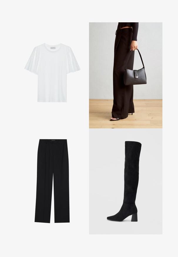 Bílý tričko s krátkými rozšířenými rukávy, které má vzor broderie anglaise. Hladká tkanina a klasický kulatý výstřih.; Černé kalhoty se střihem rovného nohavice, které mají dvě přední kapsy a pas. Vyrobené z hladkého, lehkého materiálu.; Černé semišové vysoké boty s blokovým podpatkem, špičatou špičkou a hladkým, bezšvovým designem na jednoduchém světlém pozadí.; Černá kabelka se strukturovaným tvarem, hladkým povrchem a kovovým uzávěrem. Kombinována s širokými černými kalhotami a sandály s otevřenou špičkou na dřevěné podlaze.