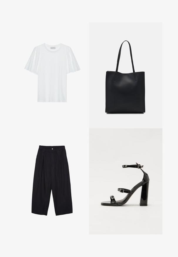 Hvid t-shirt med korte flared ærmer med et broderie anglaise mønster. Glat stof og klassisk rund udskæring.; Sorte polyester culotte bukser med elastisk talje, to forpiber og en løs silhuet. Ingen synlige mønstre eller hardware detaljer.; Sorte patenterede hælsandaler med firkantet tå, ankelremme og sølvspænder. Har en chunky blokHæl for stabilitet.; Sort læder tote taske med glat tekstur, rektangulær form og to lange hanke. Ingen synlig hardware eller udsmykninger.