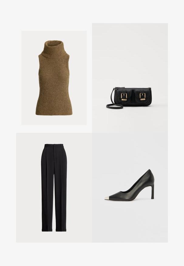 Ribidega, varrukateta kõrge kaelusega sveder soe pruunis toonis. Pehme tekstuur, vormiline siluett ja kõrge, mugav kaelus.; Mustad kohandatud püksid kõrge vöökohtaga, ees plisseeritud, sirge sääre disainiga ja mansetiga hem. Valmistatud sileda kangaga.; Mustast nahast kõrge kontsaga king terava varba ja metallik hõbedase otsikuga. Iseloomustab sile viimistlus ja sihvakas 10 cm konts.; Must küllastamata nahast õlakott, millel on kaks esist nähtavat taskut, kuldsed pandlad, tõmblukuga sulgemine ja peen rihm. Tekstuuriga pind ja kompaktne ristkülikukujuline kuju.