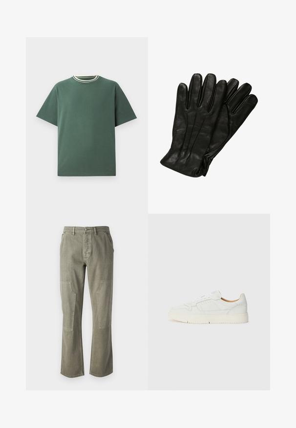 T-shirt de algodão verde com mangas curtas e gola redonda canelada, apresentando riscas brancas e verdes escuras. Barra reta, design minimalista.; Calças verde-oliva feitas de algodão com um design de perna reta, apresentando detalhes ribete nos bolsos de remendo e costura contrastante.; Sapatilha branca de couro com uma superfície texturizada, bico arredondado e detalhes perfurados. Possui atacadores brancos e uma sola de borracha bege clara.; Luvas de couro preto com uma textura lisa, cinco dedos e detalhes de costura subtis. Design clássico, adequado para uso em clima frio.