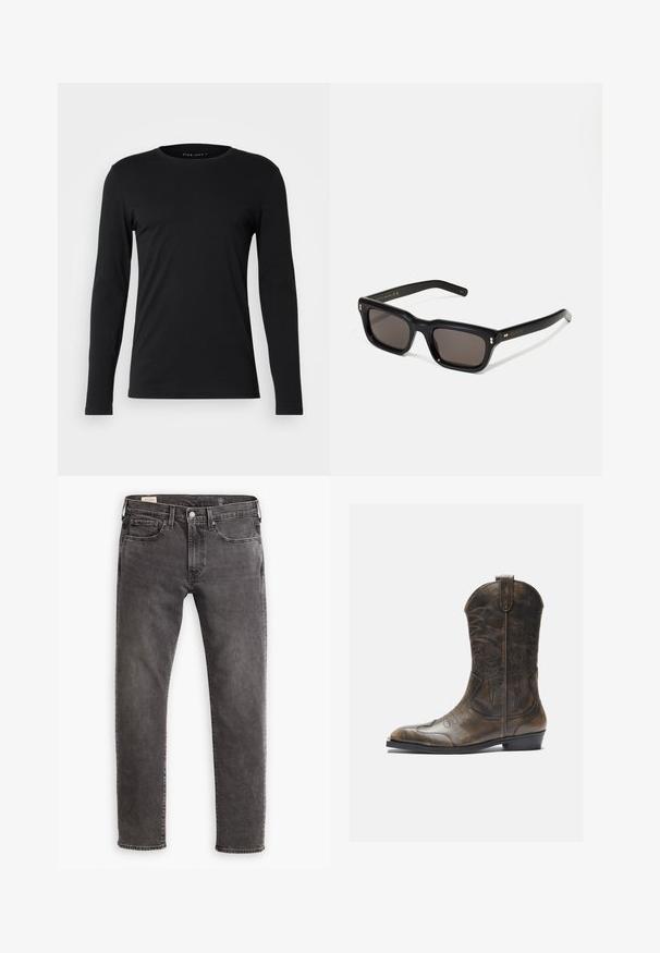 Schwarzes Langarm-T-Shirt aus weichem Stoff. Mit Rundhalsausschnitt und figurbetonter Silhouette, ohne sichtbare Grafiken oder Verzierungen.; Graue Jeans aus Denim mit geradem Schnitt, fünf Taschen-Design und Knopfleiste. Besitzt dezente Ausbleichungen und tonal abgestimmte Nähte.; Braune Leder-Cowboystiefel mit hohem Schaft, spitzem Zehenbereich, aufwendigen Stickmustern und kleinem Absatz. Strukturierte Oberflächenbeschaffenheit.; Schwarze rechteckige Sonnenbrille mit dunklen Gläsern, dickem Kunststoffrahmen, goldenen Akzenten an den Bügeln und eingraviertem Markenlogo am Arm.
