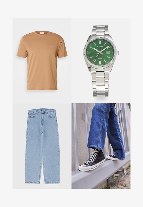 GANT PRINTED ARCHIVE SHIELD - T-paita - roasted walnut; Vaaleansiniset farkut suoran lahkeen muotoilulla, joissa on puolivälin vyötärö, viisi taskua sekä nappi- ja vetoketjusuljenta.; Mustat high-top tennarit valkoisella pohjalla ja nauhoilla, yhdistettynä väljään sinisiin farkkuihin, lepäävät harmaalla kaiteella.; Himmerkettsvitt rostfritt stål armbandsur med en rund grön urtavla, silverfärgade timmarkörer, datumvisning och metal länkarmband. Vattentålig upp till 50 meter.