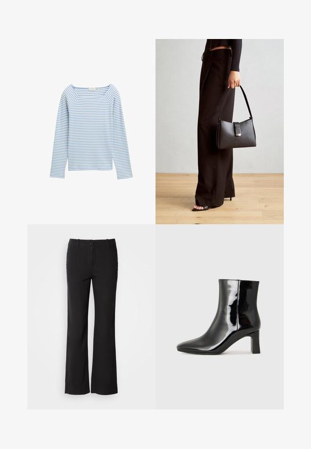 Top de manga larga a rayas azul claro y blanco, con un escote amplio y mangas raglán, hecho de un tejido ligero y suave.; Pantalones de mezcla de algodón negros con un diseño de pierna recta, cierre frontal de botón y dos bolsillos laterales. Textura suave, sin patrones visibles.; Botín de charol negro con punta afilada y un tacón de bloque de altura media. Textura suave y diseño minimalista.; Bolso negro con forma estructurada, textura suave y un cierre metálico. Combinado con pantalones anchos negros y sandalias de dedo en un suelo de madera.