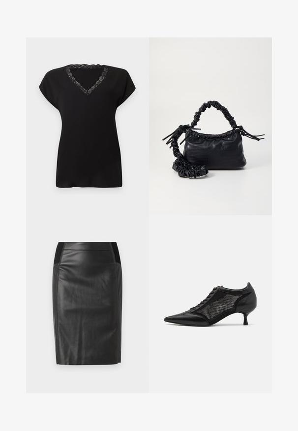 Top preto de mangas curtas com decote em V decorado com renda. Tecido macio com caimento solto, adequado para uso casual.; Saia lápis de couro preto com um design justo, textura suave e detalhes em cintura elástica de ambos os lados. Barra reta na parte inferior.; Shoe preto de bico fino com um design de painel em malha, apresentando um salto baixo e amarração na parte da frente. Feito de uma combinação de couro e material de malha.; Bolsa de mão em couro sintético preto com textura de crocodilo, topo franzido e alça enrugada. Apresenta um design suave e compacto.