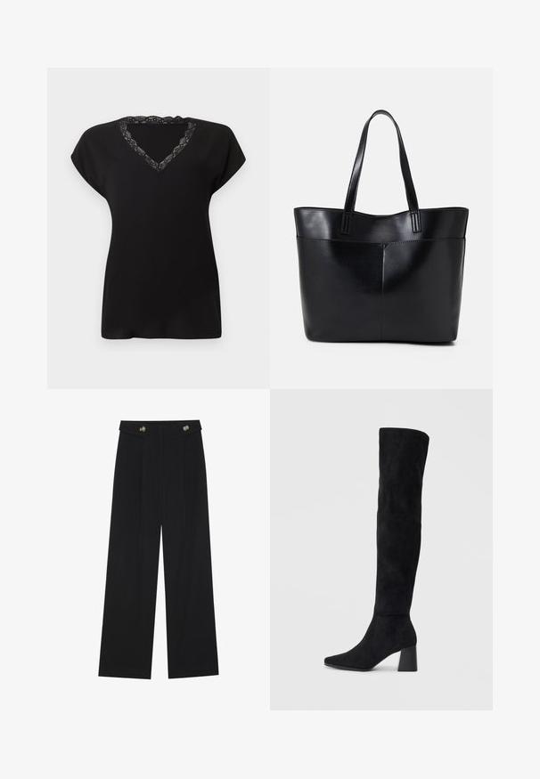 Black short-sleeve top with a V-neck design featuring a lace trim. Soft fabric with a loose fit, suitable for casual wear.; Black wide-leg trousers with high waist, button details on waistband, and front pleats.; Black suede knee-high boot with block heel, pointed toe, and smooth, seamless design on a plain light background.; Black leather tote bag with two long handles, a smooth texture, and a structured shape. Features a front pocket for additional storage.