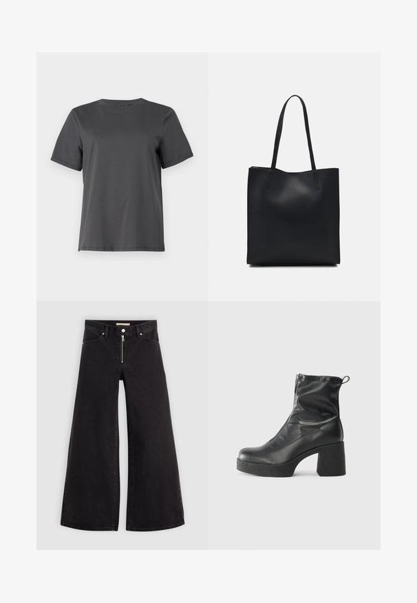 Pieces PCRIA FOLD UP SOLID TEE - Basic T-shirt - magnet; Wide-leg jeans in black denim with a zippered front, five-pocket design, and subtle stitching details. Smooth texture and casual style.; Black ankle boots made of smooth leather, featuring a side zipper, chunky textured heel, and rounded toe design.; Black leather tote bag with smooth texture, rectangular shape, and two long handles. No visible hardware or embellishments.