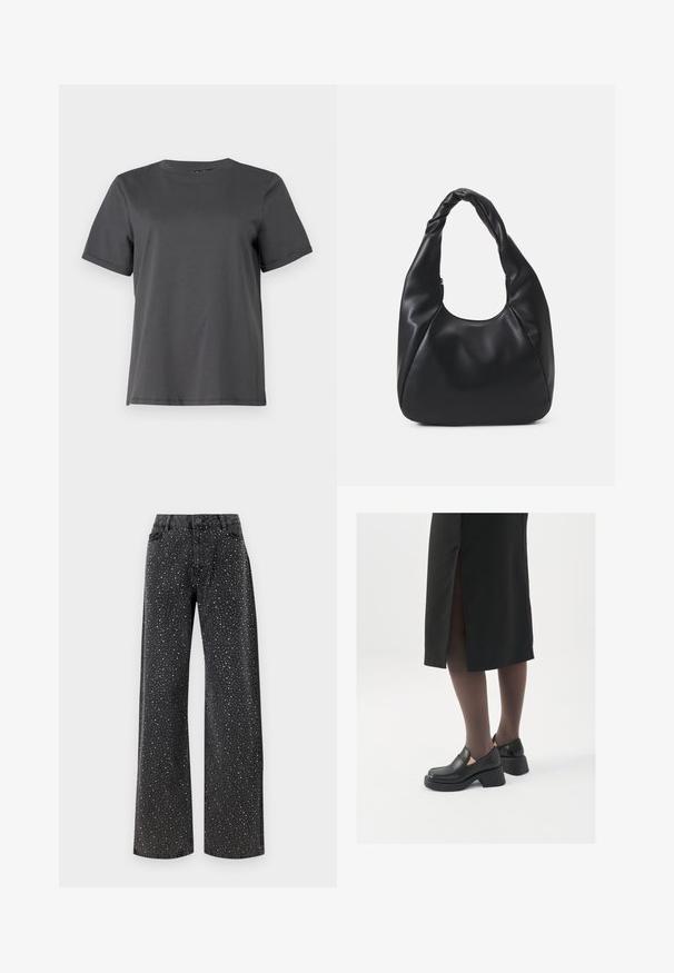 Pieces PCRIA FOLD UP SOLID TEE - Základné tričko - magnet; Noisy May NMJANNEL LOOSE - Džínsy voľného strihu - black denim; Čierne kožené topánky s okrúhlou špičkou, silným blokovým opätkom a elastickými bočnými akcentmi, skombinované s tmavými pančuchami a čiernou sukňou so štiepením.; Čierna kabelka typu hobo z hladkého materiálu podobného kože s prekrútenou rukoväťou, s jemným, zaobleným tvarom a vrchným zipsom.