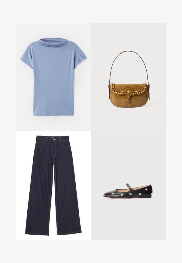 Heledsinine lühikeste varrukatega topp, mis on valmistatud pehmest kangast. Omab ümara kaelusega disaini ja lahtist lõike, puhaste äärtega ja ilma mustriteta.; Laiendid teksad tumesinisest denimist. Omavad kuldset õmblust ja viit taskut, sealhulgas kahte esist ja ühte tagumist, nupuga kinnitamine.; Must naar mustast valmistatud Mary Jane lamedad jalanõud, ümarate varvastega, hõbedaste ümmarguste nupukestega ja reguleeritava rihmaga, millel on klamber.; Pruuni nahast käekott, millel on kõver kuju, kuldsete nupukestega kaunistatud ülaosa, lühike rihm ja klamber.