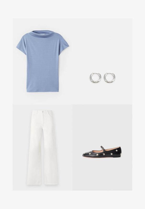 Gaiši zilā īsās piedurknes blūze, izgatavota no mīksta auduma. Tās dizainā ir apaļa kakla izgriezums un brīvs piegriezums, ar tīriem apakšmalām un bez rakstiem.; Baltas, augsto jostasvietu platās kājas džinsi, izgatavoti no denima. Iekļauj pogu aizdari, divas priekšējās kabatas un sānu šuves ar šuvju detaļām.; Melna ādas Mary Jane līdzena zābaku ar noapaļotu purngalu, kurā ir sudraba apaļie kniedes un regulējama siksniņa ar sprādzi.; Sudraba riņķa auskari ar pulētu virsmu, kas izceļas ar apaļu formu un eņģu aizdari, uzsverot elegantu un minimālistisku dizainu.