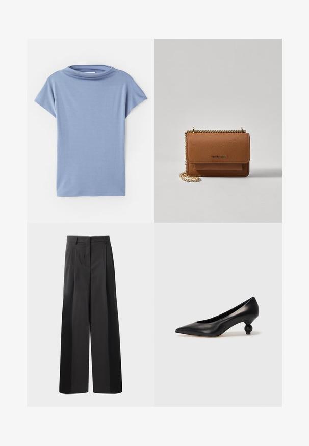 Ljusblå kortärmad topp tillverkad av mjukt material. Har en scoop neck-design och en lös passform, med rena fållar och inga mönster.; Svarta byxor med vida ben och hög midja, med framveck, en slät textur och en skräddarsydd finish. Designade för en avslappnad passform.; Svart läderhögklackad sko med spetsig tå och rund, bollformad klack. Slät yta med en elegant, minimalistisk design.; Brun texturerad läder crossbody-väska med guldkedja och klaffstängning. Framsidan har logotypdetalj och en ficka under klaffen.