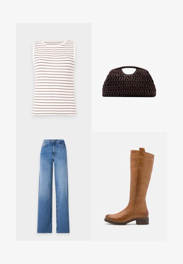 Sleeveless top featuring a white base with brown horizontal stripes, made of soft fabric, with a round neckline and fitted shape.; Light blue wide-leg jeans made of denim, featuring a high waist, front pockets, and a standard button closure. Smooth texture.; Anna Field LEATHER - Boots - cognac; Woven brown handbag with a rounded silhouette, featuring a top handle and textured surface. Compact design with a flat base for stability.