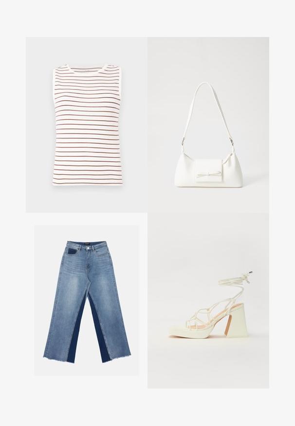 Sleeveless top featuring a white base with brown horizontal stripes, made of soft fabric, with a round neckline and fitted shape.; Light blue wide-leg jeans featuring contrasting dark blue panels, frayed hems, and a standard waist with a metal button closure.; White high-heeled sandal with a chunky heel, featuring a strappy design and ankle tie. Smooth texture with a platform front for added height.; White synthetic handbag with a triangular shape, flat front flap and bow detail, adjustable strap, smooth texture, and minimalistic design.