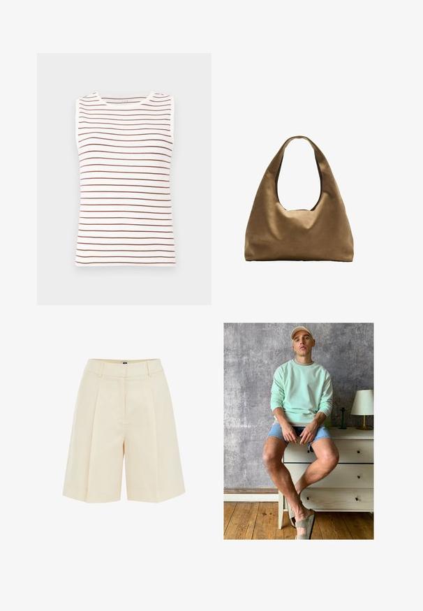 Top senza maniche caratterizzato da una base bianca con strisce orizzontali marroni, realizzato in un tessuto morbido, con scollatura rotonda e forma aderente.; Shorts beige plissettati con un design sartoriale, caratterizzati da una texture liscia e tasche laterali, tagliati sopra il ginocchio per una vestibilità comoda.; Felpa verde menta, shorts in denim e scarpe slip-on verde oliva. Seduto su un comò chiaro contro un muro grigio texturizzato.; Borsa a spalla in tessuto marrone con un corpo ampio e arrotondato e una grande maniglia a taglio. Texture morbida, design minimalista e senza hardware visibile.