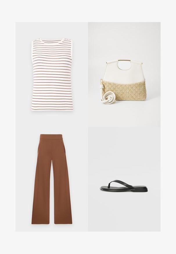 Bezramenný top s bielym základom a hnedými horizontálnymi pruhmi, vyrobený z mäkkého materiálu, s okrúhlym výstrihom a priliehavým strihom.; Hnedé nohavice s širokými nohavicami vyrobené z hladkej, elastickej látky. Majú vysoký pás a bočné vrecká, navrhnuté pre voľný strih.; Čierne šľapky vyrobené z hladkej kože, s tenkým pásikom a plochou podrážkou s minimalistickým profilom. Bez výrazných vzorov alebo akcentov.; Biely kožený kabelka so štruktúrovaným krémovým tkaným dnom. Obsahuje zlatý úchyt a vinutý biely popruh pre univerzálnosť.