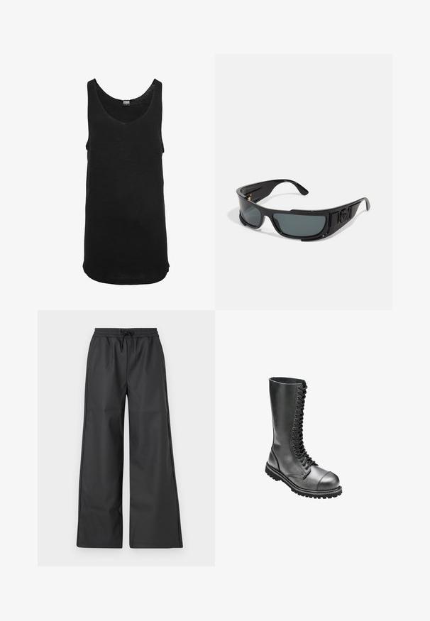 Svart tanktopp laget av lett stoff med rund hals og ermeløst design. Har en rett kant og minimale sømdetaljer.; Han Kjøbenhavn RELAXED TRACK TROUSERS - Bukse - black; Sorte svarte lær lace-up kamp støvler med høy skaft, rund tå, polstret krage og teksturert gummisåle for bedre grep.; Solbriller med ramme i svart plast, grå linser, omsluttende design, sideaksenter og logo-detalj på brillestangen.