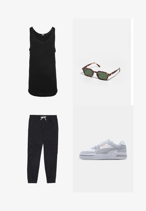 Schwarzes Tanktop aus leichtem Stoff mit rundem Ausschnitt und ärmellosem Design. Verfügt über einen geraden Saum und minimale Nähdetails.; Schwarze Cargo-Hosen aus Baumwolle mit einem elastischen Bund und Kordelzug, seitlichen Taschen und schmal zulaufenden Bündchen.; Graue und weiße Sneaker mit einem Obermaterial aus glattem Leder, perforierter Zehenpartie, Schnürverschluss, strukturierten Akzenten und einem dezenten goldenen Logo.; Schildpatt-Sonnenbrille mit grünen Gläsern, in einer achteckigen Form und schlanken, gebogenen Bügeln. Das Material hat eine glänzende Oberfläche.