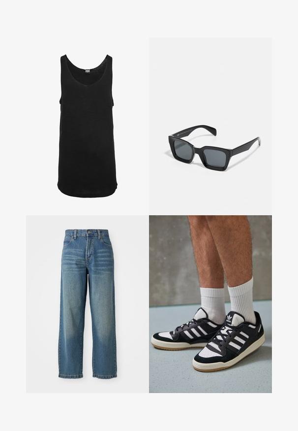 Juodas tankų marškinėliai, pagaminti iš lengvos medžiagos, su apvalia iškirpte ir be rankovių. Yra tiesus apvadas ir minimalūs siuvimo detalės.; Šviesiai mėlyni džinsai plačiomis kojomis su aukštu liemeniu, penkiomis kišenėmis ir šiek tiek išblukusiu paviršiumi. Yra sagčių ir užtrauktuko uždarymas.; Juodos ir baltos sportinės bateliai su zomšiniu ir odiniu viršumi, su trimis baltomis juostelėmis, perforuota koja ir guminėmis padais.; Juodos stačiakampės saulės akiniai su tamsiais lęšiais. Plastikinis rėmas su blizgiu paviršiumi, turintis plačią tiltelio dalį ir šiek tiek siaurėjančius šonus.