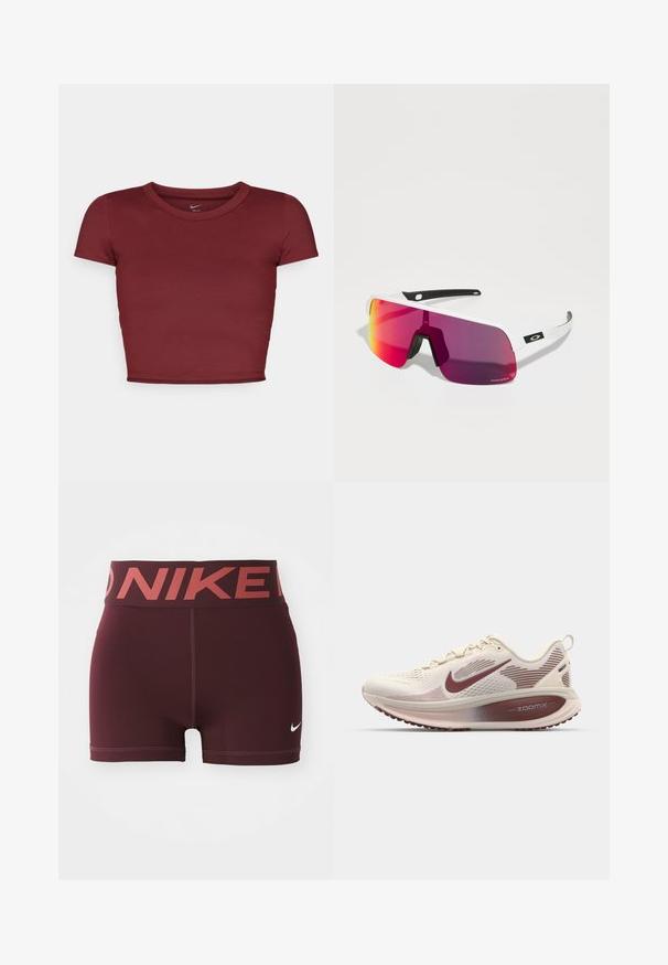 Bordó, rövid ujjú, sima anyagból készült crop top, kerek nyakkal. Minimalista dizájn, látható logók vagy minták nélkül.; Burgundi színű sportnadrág széles derékkal, amelyen a "NIKE" logó kontrasztos piros színben található. Simma, rugalmas anyagból készült.; Nike Performance VOMERO 18 - Utcai futócipők - pale ivory/dark team red/red sepia/silt red/phantom; Sport napszemüveg fehér kerettel, nagy, ívelt lila színátmenetes lencsékkel és fekete díszítéssel. Texturált gumiból készült orrbetét a jobb tapadás érdekében.
