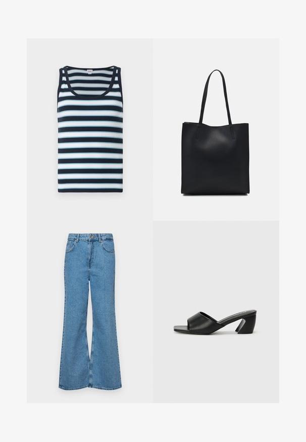 Črtasta majica brez rokavov v temno modri in svetlo modri barvi. Ponaša se z ribasto teksturo, okroglo izrezom in širokimi naramnicami.; Svetlo modri razširjeni džins hlače iz denima, z visokim pasom, petimi žepi in enim gumbom za zapiranje. Mehka tekstura z blagim zbledelim videzom.; Črne sandale z visokimi petami, ki imajo gladko umetno usnje, odprto zasnovo prstov in značilen oglat peto. Minimalistična kvadratna podplat.; Črna usnjena torba s svilnato teksturo, pravokotne oblike in dvema dolgima ročajema. Brez vidnih metalnih delov ali okrasnih elementov.