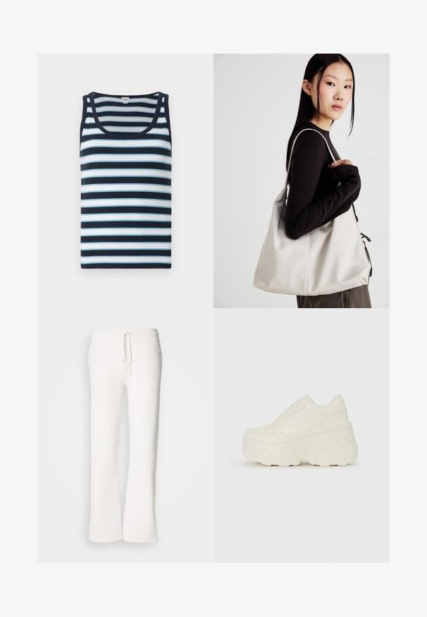 Randig linne i marinblått och ljusblått. Har en ribbad struktur, rund halsringning och breda axelremmar.; Vita, avslappnade sweatpants i mjukt material, med elastisk midja och dragsko samt raka ben.; Vita plattformssneakers med en slät läderliknande överdel, rundad form, vadderad krage och texturerad gummisula med definierade mönster.; Beige handväska tillverkad av mjukt material, med en avslappnad design, sydda detaljer och två axelremmar. Lämplig för dagligt bruk.