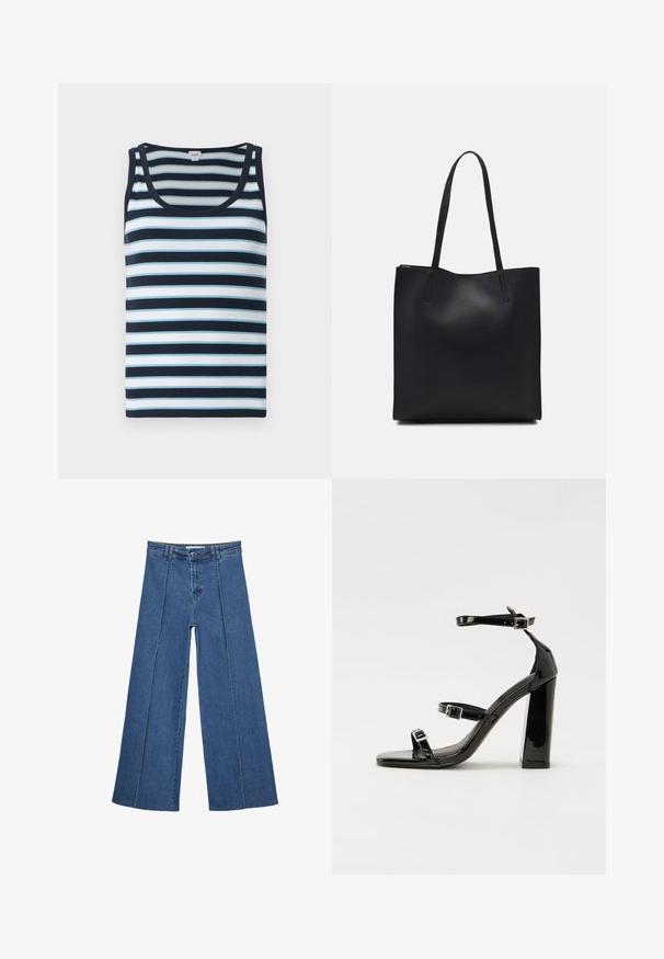 Stribet tanktop i marineblå og lyseblå. Har en ribbet tekstur, rund halsudskæring og brede skulderstropper.; Bredde ben denim jeans i mellemblå, med høj talje, knaplukning og kontrasterende lodrette sømdetaljer foran.; Sorte patenterede hælsandaler med firkantet tå, ankelremme og sølvspænder. Har en chunky blokHæl for stabilitet.; Sort læder tote taske med glat tekstur, rektangulær form og to lange hanke. Ingen synlig hardware eller udsmykninger.