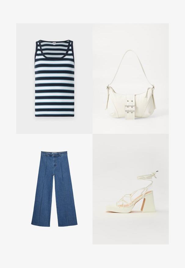 Prugasti top bez rukava u tamnoplavoj i svijetloplavoj boji. Ima rebrastu teksturu, okrugli izrez i široke naramenice.; Široke traperice u srednje plavoj boji, s visokim strukom, zatvaranjem na dugme i kontrastnim vertikalnim šavovima duž prednje strane.; Bijela sandala na visokoj potpetici s debelim petom, s remenom i vezanjem oko gležnja. Glatka tekstura s platformom sprijeda za dodatnu visinu.; Bijela torbica s teksturiranim završetkom, središnjim detaljem kopče i zakrivljenim oblikom. Rajsferšlusi sa svake strane.