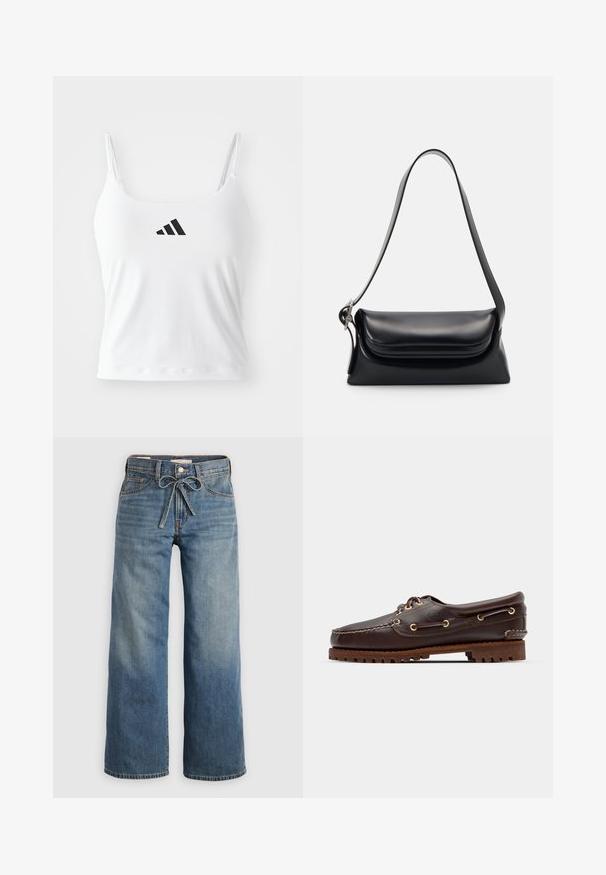 Witte tanktop met dunne bandjes, met een zwart adidas-logo op de voorkant. De stof heeft een gladde textuur en een aansluitende pasvorm.; Lichtblauwe wijdlopende spijkerbroek van denim, met een trekkoord in de taille, twee voorzakken en subtiele vervaging voor textuur.; Bruine leren bootsschoen met gouden oogjes, ronde veters en een gestructureerde bruine rubberen zool. Kenmerkt zich door gestikte details en een verhoogd logo.; Zwarte leren handtas met een gestructureerde vorm, een gladde textuur en een enkele schouderband. Heeft een subtiele, afgeronde klepontwerp.