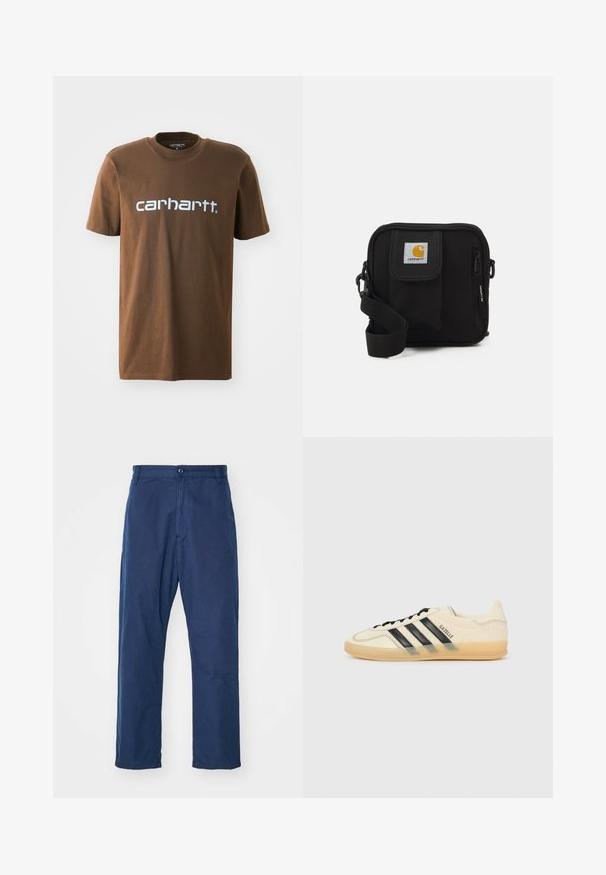 Ruda medvilnė marškinėliai su trumpomis rankovėmis, ant krūtinės puikuojasi baltas "carhartt" logotipas. Standartinė apvali iškirptė.; Tamsiai mėlyni, tiesūs kelnės pagamintos iš medvilnės. Su priekiniais mygtukais, subtilia tekstūra, šoninėmis kišenėmis ir diržo kilpomis.; Šviesiai kreminiai sportbačiai su juodu trikampiu dizainu, tekstūruota viršutinė dalis, apvalus pirštas ir guminiu padu. Yra raišteliai ir ženklas šone.; Juoda petnešų rankinė su užtrauktuku pagrindiniame skyriuje, priekinė kišenė, reguliuojama juostele ir matoma logotipo etikete ant uždaromo dangtelio.