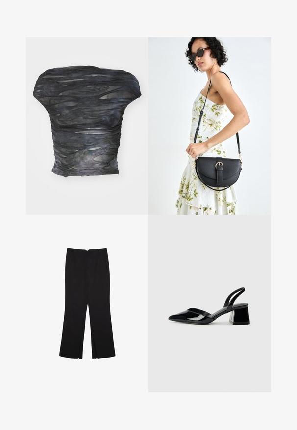 Svart, genomskinlig topp med en strukturerad, lagerdesign som har horisontella skärningar. Materialet verkar lätt med subtila färgvariationer.; Svarta byxor med rak passform, utrustade med framfickor och sidoklyvningar vid fållen. Tillverkade av mjukt, slätt tyg. Lämpliga för olika tillfällen.; Svarta lackläder slingback klackar med spetsig tå och geometrisk klack. Har en elegant, minimalistisk design och slät yta.; Svart läderhandväska med en böjd form, avtagbar rem och guldiga detaljer. Väskan har ett lock med en spänndetalj.