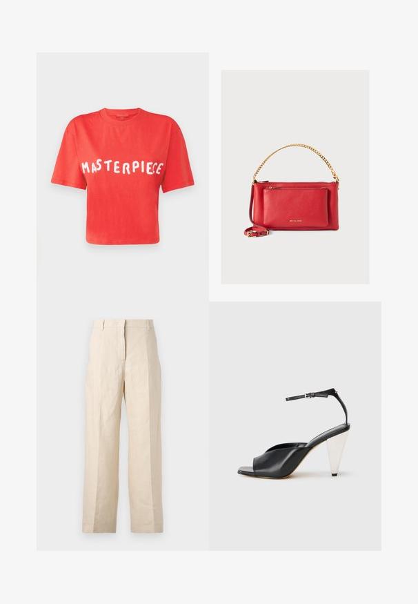MAX&Co. BOXYCLAIM - T-shirts med print - red; Beige linbukser med løs passform, plisserte foran og rett ben. Har en midjebånd med beltehemper og ingen synlige lommer.; Svart lær høyhælte sandaler med åpen tå, asymmetrisk design, ankelstropp og en metallisk kjegleformet hæl. Glatt tekstur hele veien.; Rød skinnveske med teksturert overflate, gullkjede og stropp, glidelål-lomme foran og preget logo. Kompakt og strukturert design.