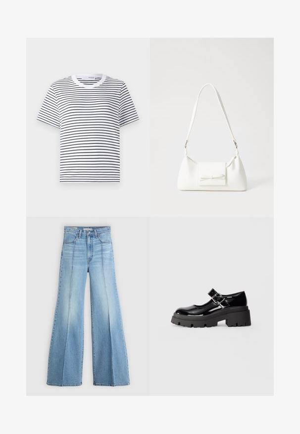 Hvid t-shirt med sorte vandrette striber, rund halsudskæring, korte ærmer og en afslappet pasform. Bomuldsstof, enkelt design.; Lyseblå højtaljede jeans med brede ben, for- og baglommer, bæltestropper og lodrette sømdetaljer fortil.; Sort patentlæder Mary Jane sko med en kraftig sort sål, der har en sidebuckle-strop og rund tådesign.; Hvid syntetisk håndtaske med en trekantet form, flad forsideklap og sløjfedetalje, justerbar strop, glat tekstur og minimalistisk design.