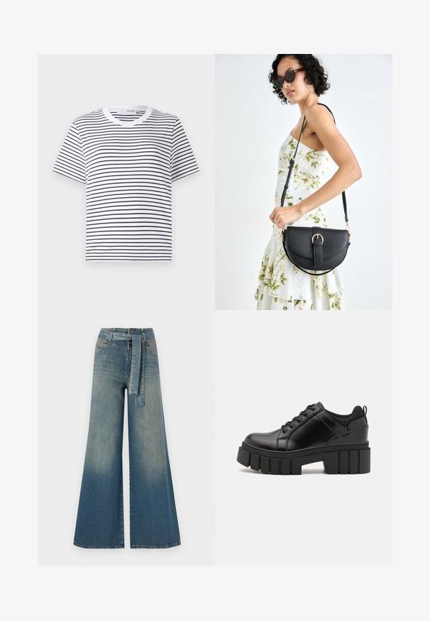 White t-shirt with black horizontal stripes, round neckline, short sleeves, and a relaxed fit. Cotton material, simple design.; Wide-leg denim trousers featuring a light to dark blue gradient, high waist, belt loops, and a matching fabric belt. Textured denim finish.; Black leather platform shoes with a chunky block heel, round toe, and traditional lace-up design. Features smooth texture and minimal detailing.; Black leather handbag with a curved shape, detachable strap, and gold hardware. The bag features a flap with a buckle detail.