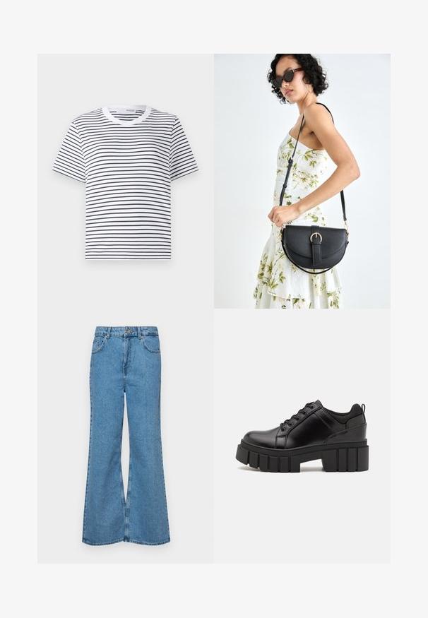 Tricou alb cu dungi orizontale negre, guler rotund, mâneci scurte și o croială lejeră. Material din bumbac, design simplu.; Jeanși evazați de culoare albastru deschis, din denim, cu talie înaltă, cinci buzunare și închidere cu un singur buton. Textură moale cu un finisaj decolorat.; Pantofi cu talpă plată din piele neagră, cu toc gros, vârf rotund și design tradițional cu șireturi. Prezintă o textură netedă și detalii minime.; Geantă din piele neagră, cu o formă curbată, curea detașabilă și accesorii aurii. Geanta are un capac cu un detaliu tip cataramă.