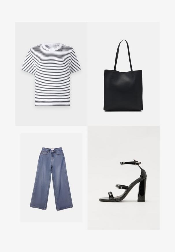 Camiseta blanca con rayas horizontales negras, cuello redondo, mangas cortas y un corte relajado. Material de algodón, diseño sencillo.; Jeans de mezclilla de pierna ancha en un lavado azul claro, con una cintura alta, bolsillos frontales y un cierre de botón con trabillas para el cinturón.; Sandalias de tacón de charol negro con punta cuadrada, correas en el tobillo y hebillas plateadas. Presentan un tacón grueso para mayor estabilidad.; Bolso tote de cuero negro con textura lisa, forma rectangular y dos asas largas. Sin herrajes ni adornos visibles.