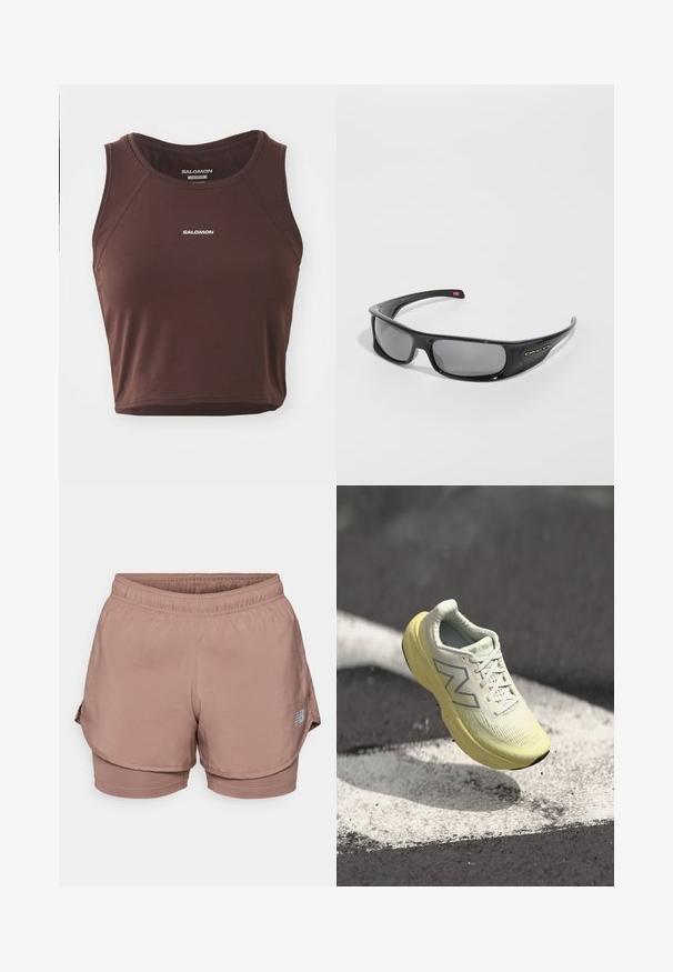 Rjav brezrokavnik iz gladkega materiala, z okroglo izrezom in našitimi detajli. Na sprednji strani je bel logotip 'SALOMON'.; Svetlo roza atletske hlače imajo elastičen pas, plasten dizajn in odsevni logotip na strani. Gladek material.; Svetlo rumena tekaška čevlja s teksturirano zgornjico, vezalkami in oblazinjeno podplatom. Ima srebrni logotip na strani in eleganten dizajn.; Črne Oakley očala s povezanimi okvirji, temnimi pravokotnimi lečami in ukrivljenimi ročaji na eni bari beli ozadju.