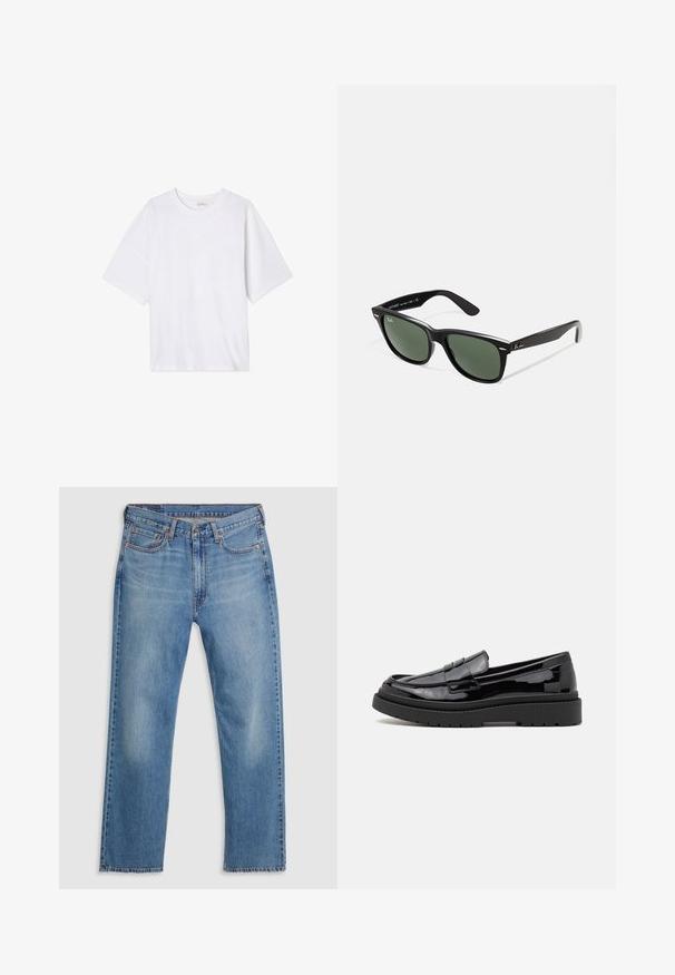 Balta trumpa rankovėmis marškinėliai, pagaminti iš minkštos medžiagos. Turi apvalią iškirptę ir laisvą siluetą su tiesiu apdaila. Be raštų ar aparatūros.; Mėlyni tiesaus silueto džinsiniai kelnių su priekinėmis sagomis ir užtrauktuku, diržo kilpos ir penkių kišenių dizainas ant balto fono.; Juodi patentiniai odiniai loafersai su apvaliu nosiu, dekoratyvia juostele ir storu juodu guminio pado. Lygus blizgus paviršius su minimaliu siuvimu.; Juodi plastikiniai saulės akiniai su žaliais objektyvais, kvadratiniais rėmeliais, sidabriniu akcentu ant antakio ir tekstūruotais šventyklų šakutėmis. Vidinėje šakutėje nurodyta prekės ženklo pavadinimas.