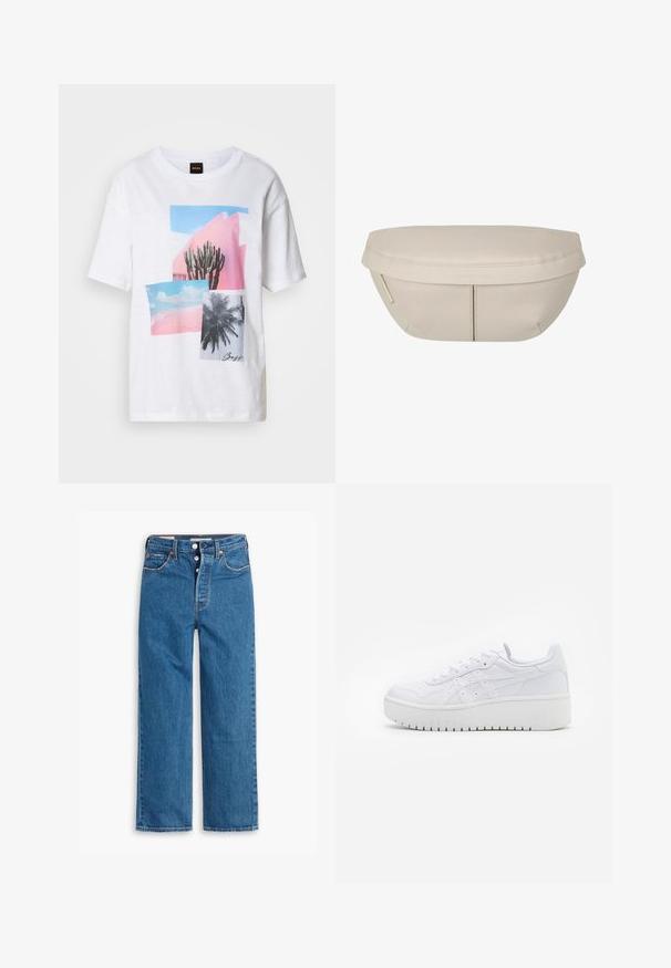 Hvid T-shirt med korte ærmer, der har et collageprint med kaktusser og palmer i nuancer af pink og blå, lavet i et struktureret stof.; Blå denim lige ben jeans med høj talje, fem lomme design og knaplukning. Markante syninger og kobberfarvede nitter.; Hvide platform sneakers med en glat læderoverflade, perforerede detaljer og flade snørebånd; har en tyk hvid gummisål.; Beige stofpung med en rund form, der har en flad top og subtile sømdetaljer. Inkluderer et minimalistisk logo og en sideløkke.